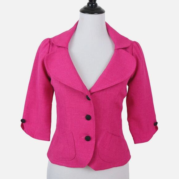 Vintage 90s Tailored 3/4 Sleeve Jacket Crop Blazer Pockets Pink - Picture 2 of 8